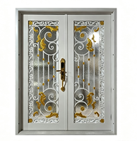 Porte d'entrée résidentielle de sécurité en fer forgé de luxe haut de gamme - Décor doré forgé avec panneau de verre à double motif