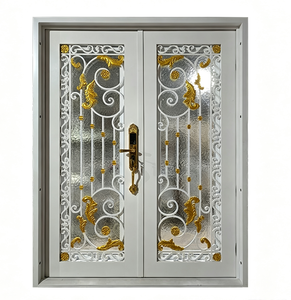 Puerta de Entrada de Seguridad Residencial de Hierro Forjado de Lujo Premium - Decoración Dorada con Panel de Vidrio de Doble Diseño - Product Image 1