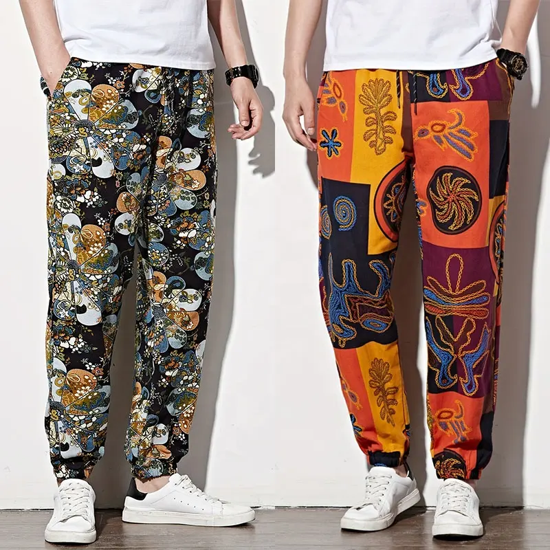 Pantalones coreanos de lino y algodón para hombre, Ropa Étnica Tribal, con estampado Floral japonés, pantalones de chándal bohemios, Harem