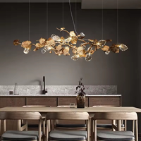 Lámpara Colgante Larga de Lujo con Ramas y Hojas de Metal Dorado, Cristal, para Mesa de Comedor, Villa, Isla de Cocina