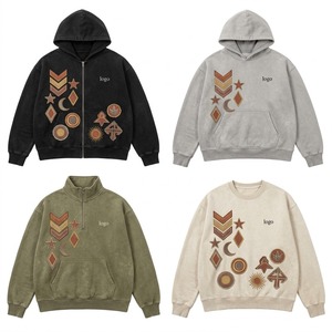Custom Vintage <b>Grey</b> Zip Hoodie <b>Men</b> Star Moon Chevron Patch Embroidery Hooded <b>Sweatshirt</b> Custom Logo Street Apparel - Product Image 2