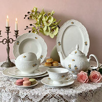 Service de table en céramique rétro français, motif floral marguerite en relief, tasses et soucoupes vintage pour le thé de l'après-midi, assiettes à dessert