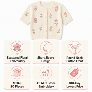 <span class=keywords><strong>Cardigan</strong></span> en tricot à manches courtes pour femme, broderie florale dispersée, col rond, couleur crème, OEM ODM, vente en gros, marque privée, faible MOQ, commande en gros - Product Image 4