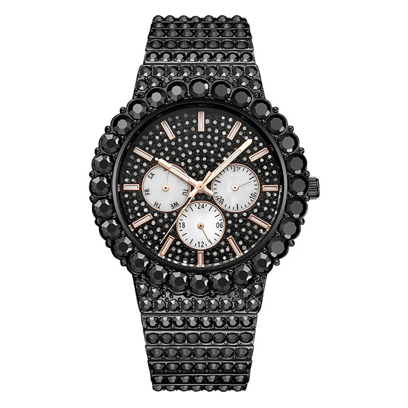 2021 Fashion Full Diamond Black Dial Mens Watches Waterproof Luxury Bling Bling Design Watch For Men