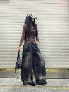 Washed Wide Leg Jeans for Women Star Patch Cargo Denim Pants Loose Full Length Streetwear - Product Image 5