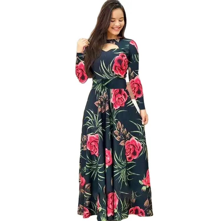 Casual Bohemia Flower Print Maxi Elegant Summer Women's Fashion Hollow Out Tunic Vestidos Dress