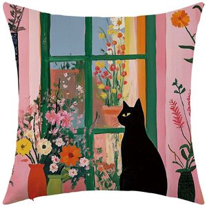 Funda de almohada cuadrada con diseño de gato negro, funda de cojín lavable con patrón de dibujos animados bohemios para decoración de sofá de sala de estar - Product Image 5