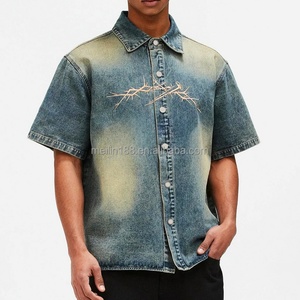 Clothing Manufacturer Custom Denim Crop Top Box Fit <b>Zip</b> <b>up</b> Jeans Shirts High Quality Embroidery Short Sleeve <b>Polo</b> Denim Shirts - Product Image 1
