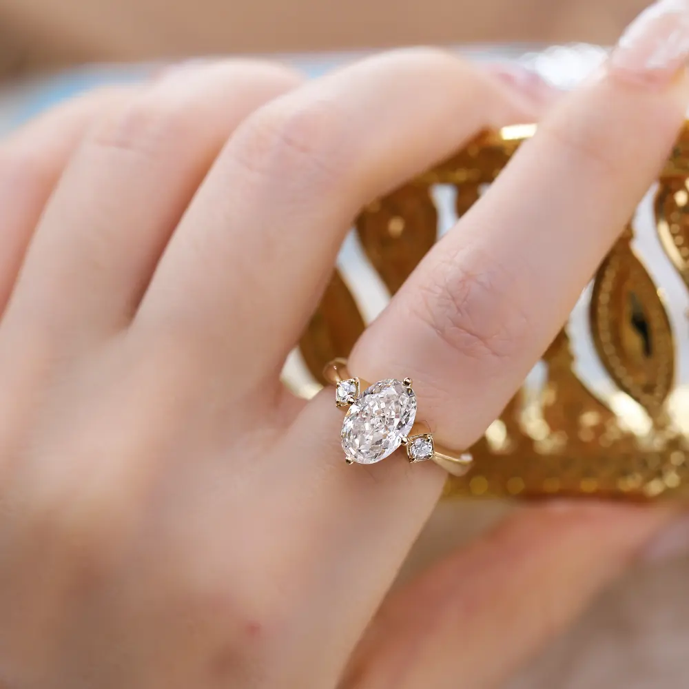 1.5ct Oval Cut Yellow Gold Diamond Ring Lab-created Diamond ring Three Stones Engagement Wedding Gift