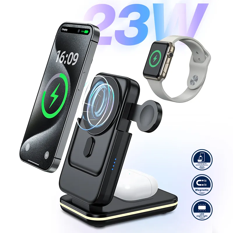 Hot Sell 3 in 1 foldable wireless charger with 5000Mah Magnetic Power bank detachable with mobile stand for phone watch earbuds