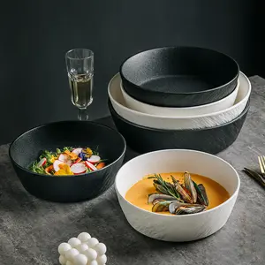 Ceramic White Black matte Deep Dish Fruit Bowl Creative Japainese Baked Salad Bowl Tableware stoneware Round Soup Bowl