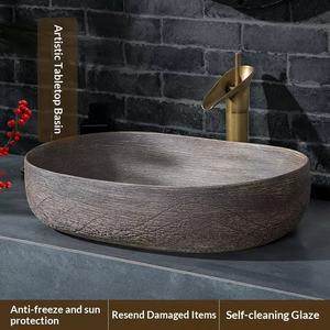 Lavabo de comptoir rétro en bois grainé, grand lavabo ovale créatif à trou unique pour maison d'hôtes ou balcon - Product Image 2