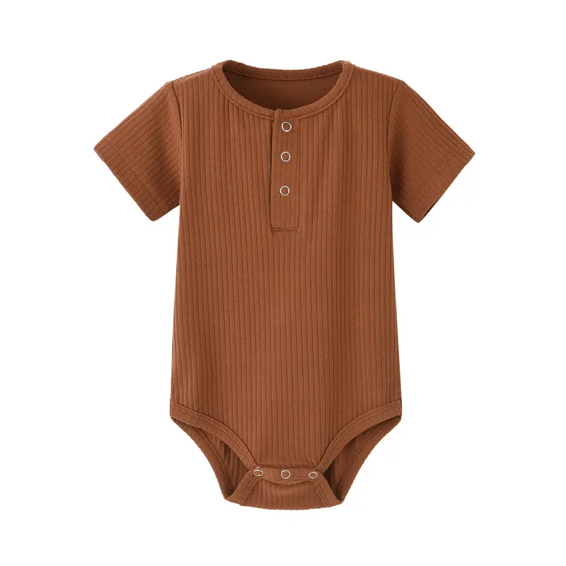 Lager weiche Bio-Baumwolle solide Farbe gerippter Rundhalsausschnitt Baby-Body-Anzüge Kurzarm Einteiliges Babykleidungsstück Unisex-Einzelhosen Strampler