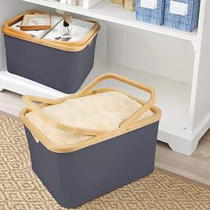 Grand panier de rangement avec poignées pliables en bambou, boîte en tissu Oxford pour pique-nique, courses, rangement de voiture, rectangulaire - Product Image 3