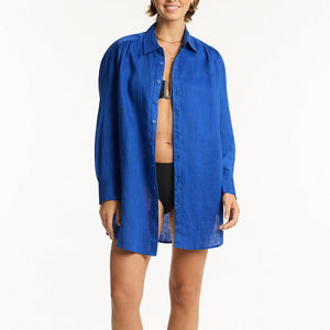 Copricostume in Chiffon Personalizzato, Abito da Spiaggia, Copricostume per Bikini, Camicie da Bagno, Tunici Donna a <span class=keywords><strong>Maniche</strong></span> <span class=keywords><strong>Lunghe</strong></span> Stile <span class=keywords><strong>Polo</strong></span> - Product Image 1