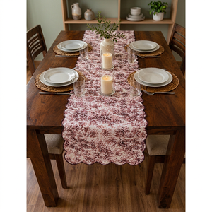 Chemin de table vintage en lin à motifs floraux avec bord festonné pour la décoration de table à manger, linge de table décoratif avec bordure à franges - Product Image 5
