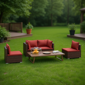 Ensemble de salon de jardin rouge cannelle en rotin brun, mobilier d'extérieur 4 places, contemporain, résistant aux intempéries - Product Image 2