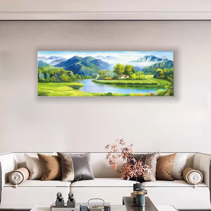 Pintura hecha a mano de arenisca natural-Serene "Montañas verdes Aguas azules" Arte de pared de paisaje chino - Product Image 4