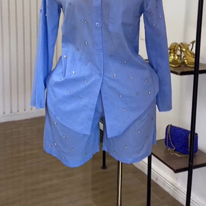 Solid Color Lapel <b>Beaded</b> Slim Long Sleeve Shirt Shorts Women's 2 Piece <b>Set</b> Fashion - Product Image 4