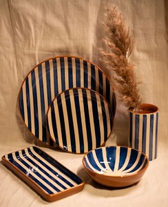 Handmade Indigo Blue Stripe High-Fired Stoneware Ceramic Durable Oven/Microwave Safe <b>Side</b> <b>Plate</b> Decorative Bowl Crackle Finish - Product Image 1