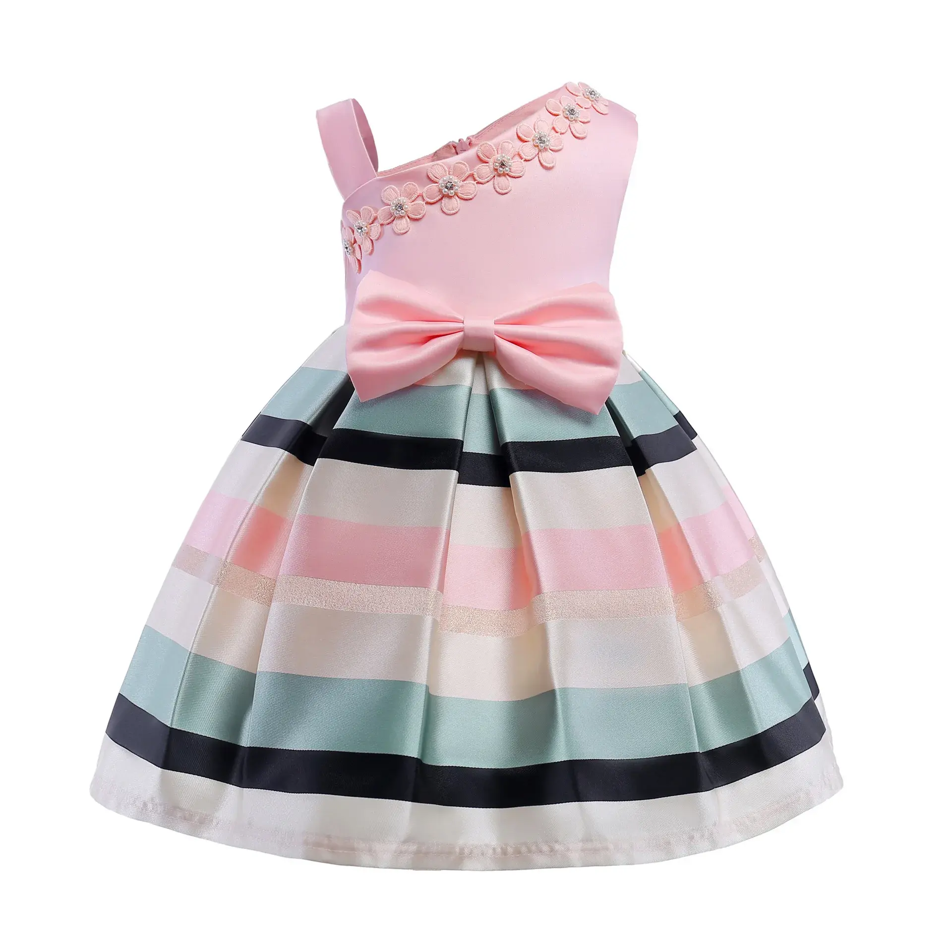 Vendita calda all'ingrosso abbigliamento Boutique per bambini abiti da ragazza fiori alti bassi abiti a righe colorate Maxi abiti