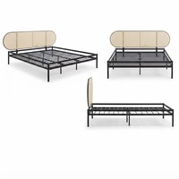 Cadre de lit 180 x 200 cm avec sommier à lattes, lit en métal avec tête de lit ovale, lit double, capacité maximale 300 kg, noir avec aspect rotin