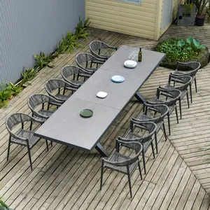豪华花园延伸餐桌套装12或14人钢化玻璃铝藤椅户外家具现代6号