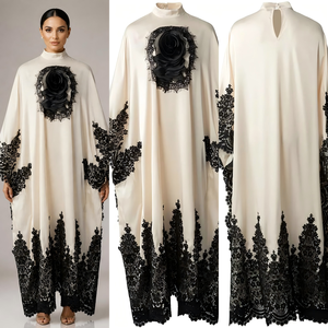 Vestido Kaftán Modesto de Dubái para Mujer, Color Marfil, Encaje Negro, Satén, Cuello Alto, Manga Murciélago, Vestido Largo de Noche para Fiesta, OEM, ODM, Venta al por Mayor - Product Image 2