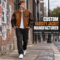 Veste universitaire personnalisée GW pour homme, marron cognac, manches en cuir PU, patch en chenille avec lettres, veste en laine mélangée, fabrication OEM