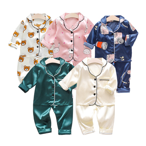 Pijamas de Seda Satinada de Manga Larga con Estampado Sólido para Niños y Niñas, Ropa de Dormir Infantil con Dibujos Animados - Product Image 1