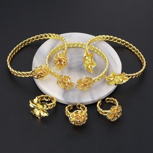 Jxx Wholesale Women's 24K Gold Plated Simple Charm Jewelry <b>Set</b> Flower Pattern Open <b>Bangle</b> Ring for Weddings Parties Gift Giving - Product Image 1