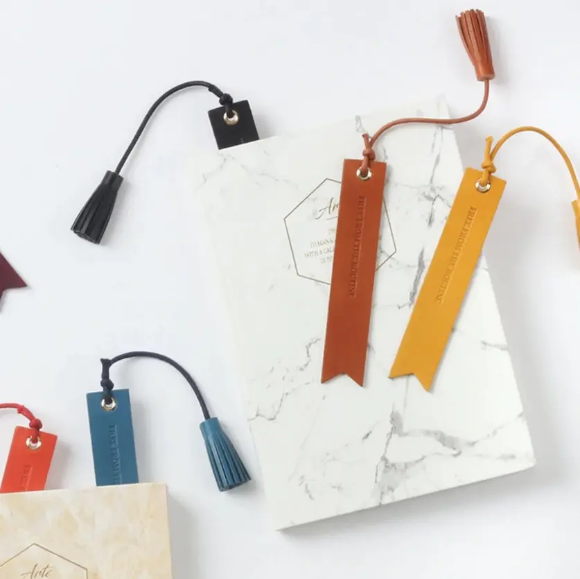 Classic Genuine Leather Bookmark with Tassel Unique Enamel Book Marks Page Marker Book Accessories Customized Logo Europe Letter