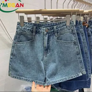 Megan Bales jins antik wanita, celana pendek Denim pinggang tinggi bekas, jins antik Distressed untuk wanita