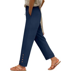 Anrabess <b>Womens</b> Casual <b>Cropped</b> Pants Drawstring <b>Elastic</b> <b>Waist</b> Straight Ankle Length With Pockets Breathable Summer <b>Trousers</b> - Product Image 1