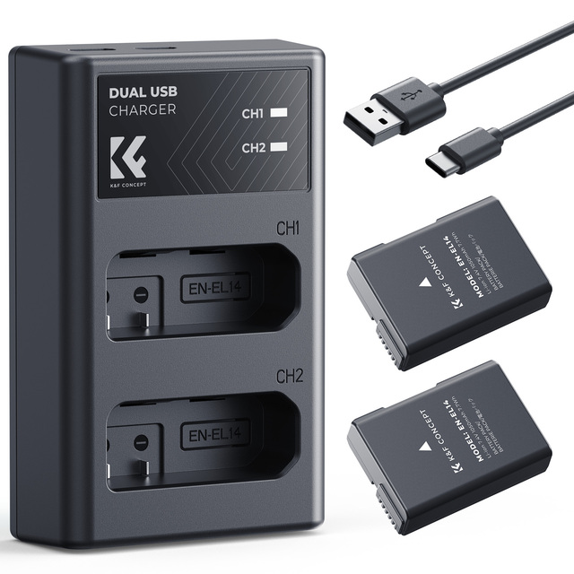 K&F Concept Suitable for Nikon D3500 D5600, Dual Slot Type-C Charger and 2-Pack Rechargeable 1050mAh EN-EL14 Camera Battery Set