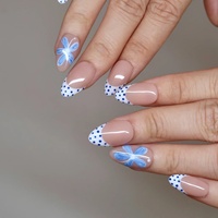 Offre Spéciale – Faux Ongles en Acrylique à Presser, French Manucure, Pois, Petites Fleurs Bleues, Forme Amande, Longueur Courte, 10 Pièces, Vente en Gros