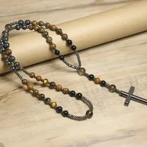 8MM Natural Gemstone Men Necklace Catholic Rosary with Tigers Eye Hematite Cross Pendant Catholic Rosary Necklace