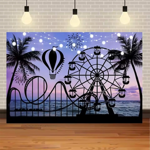 Fondo Fotográfico Musical para Fiesta de Cumpleaños con Temática de Rueda Gigante al Atardecer junto al Mar, Festival, Boda, Vacaciones Tropicales de Hawái con Palmeras de Coco - Product Image 6