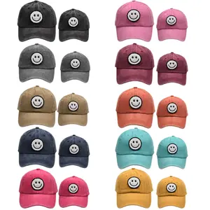 Vintage Retro Adulto Crianças Combinando Mamãe E Me Smiley Face Baseball Hat Mãe e Bebê Happy Face Patch Baseball Hat