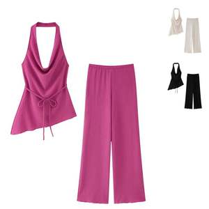 Nouvel ensemble 2 pièces pour femme : haut asymétrique à col suspendu en polyester respirant et pantalon fluide, idéal pour l'été - Product Image 1