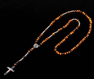 Croce e perline pietra <span class=keywords><strong>rosario</strong></span> con perline occhio di tigre <span class=keywords><strong>collana</strong></span> in <span class=keywords><strong>acciaio</strong></span> inossidabile perline di pietra naturale collane lunghe - Product Image 1