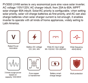 อินเวอร์เตอร์พลังงานแสงอาทิตย์ Solar Pv3000 Lvhm ความถี่ต่ำ ไฮบริด Mppt 24V/48V ระบบออฟกริด PV30- LVHM 3kW - Product Image 5