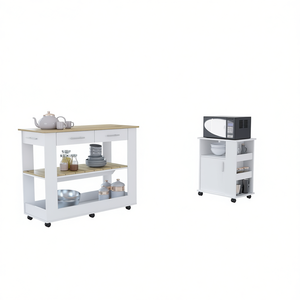 Tournament Ensemble de cuisine 2 pièces à 6 étagères, 1 porte, 3 tiroirs Blanc et chêne clair avec îlot de cuisine et chariot - Product Image 1