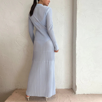 Robes maxi décontractées et modestes à rayures bleu ciel d'automne personnalisées pour femmes, élégantes robes en tricot à col rond, tricotage en forme de A, vêtements d'hiver