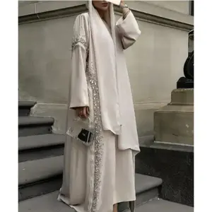 定制Abaya迪拜2023高品质穆斯林女性两件套Abaya和连衣裙套装前褶开放式Abaya伊斯兰服装