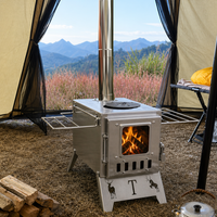 Poêle de tente portable à bois en gros avec cheminée, porte en verre métallique brossé, grilles pliantes, équipement de cuisson pour le camping