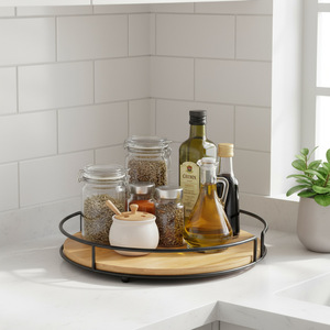 Estante giratorio de bambú y hierro, organizador de especias para cocina Lazy Susan, de una sola capa, multifunción - Product Image 1