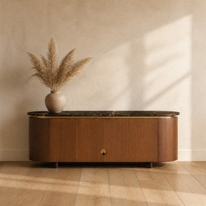 Buffet en bois massif courbé de style Mid-Century Modern avec plateau en marbre, console <span class=keywords><strong>TV</strong></span>, meuble de rangement pour salon, maison, hôtel, villa - Product Image 5