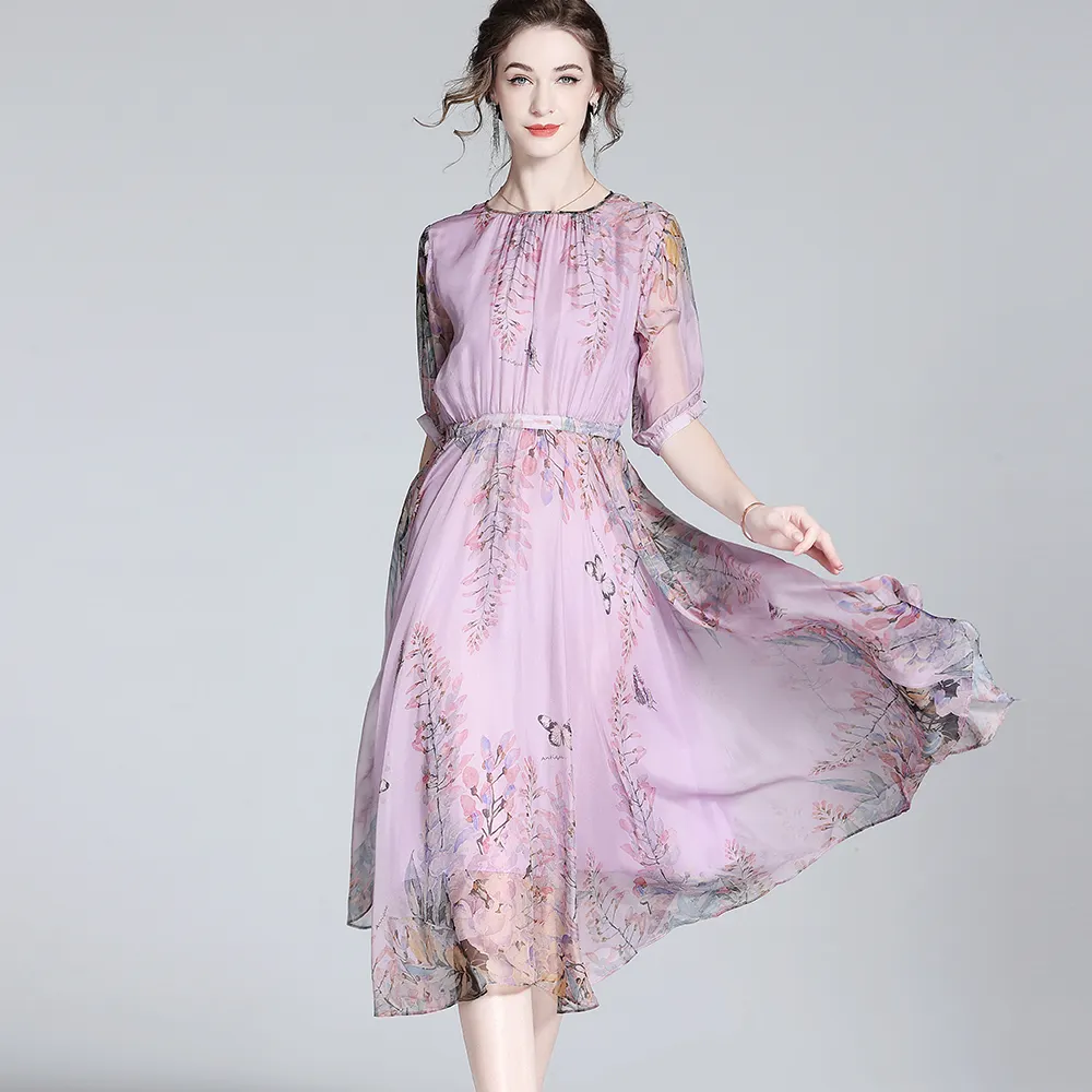 Wholesale Women's Vintage Silk Dress Purple Casual Dress with Lace Print Puff Sleeve Woven Fabric Size L Elegant Fashion Dress