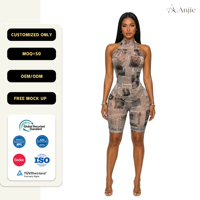 Anjie OEM ODM Combishort en maille pour femme à imprimé journalier, fermeture éclair sur le devant, style short cycliste, marque privée personnalisée, vente en gros
